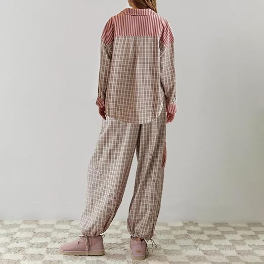 Plaid-Pyjama | Langärmeliges Lounge-Set für Frauen, Wärme und Komfort