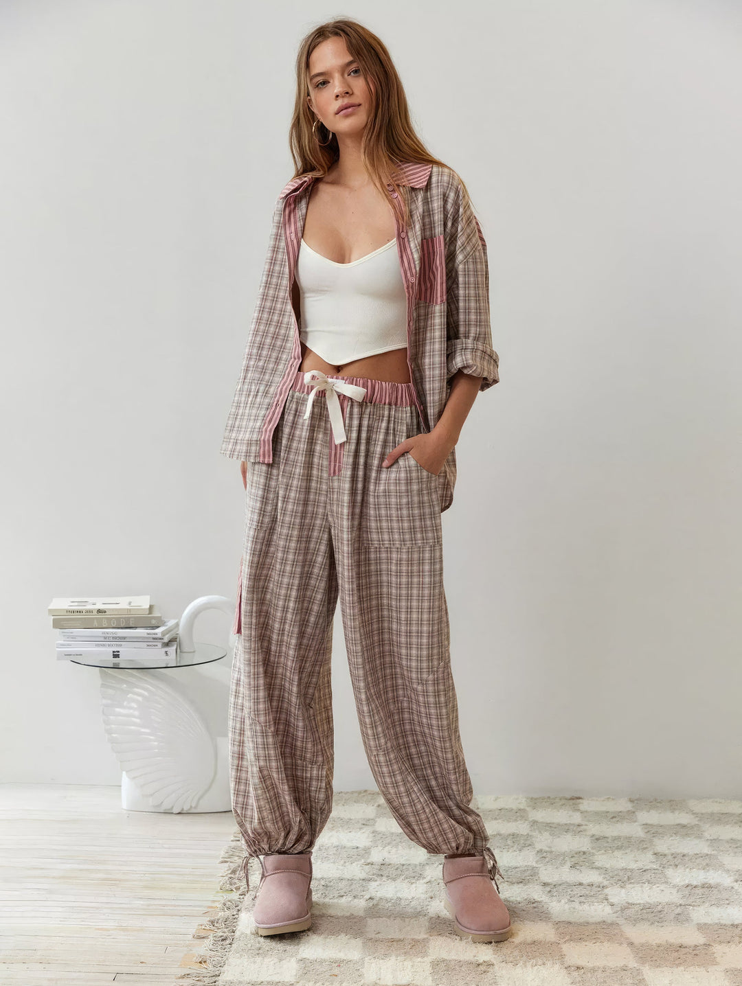 Plaid-Pyjama | Langärmeliges Lounge-Set für Frauen, Wärme und Komfort