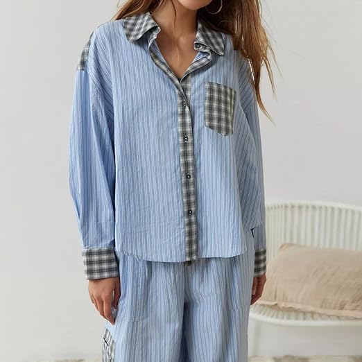 Plaid-Pyjama | Langärmeliges Lounge-Set für Frauen, Wärme und Komfort