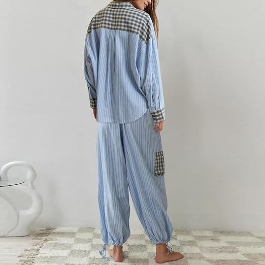 Plaid-Pyjama | Langärmeliges Lounge-Set für Frauen, Wärme und Komfort