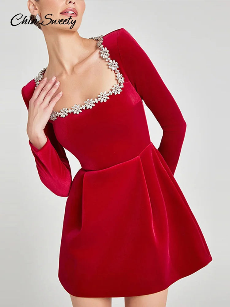 Weihnachtskleid Holidays Ladies | Velvet Square Collar A-Line