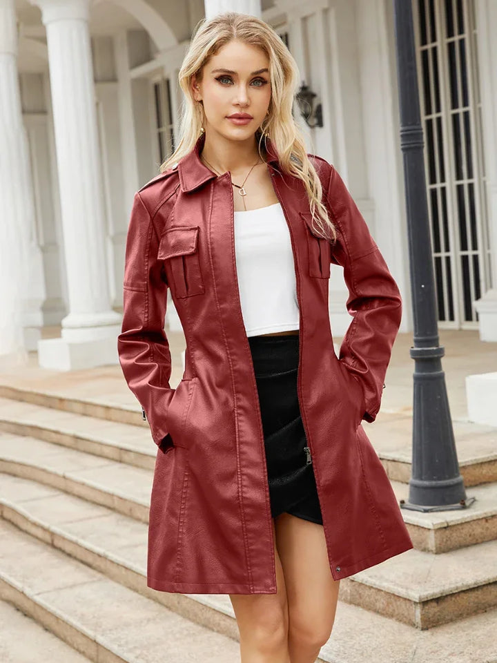 Damen Kunstledermantel | Mittellanger Trenchcoat mit Bindegürtel & Umlegekragen