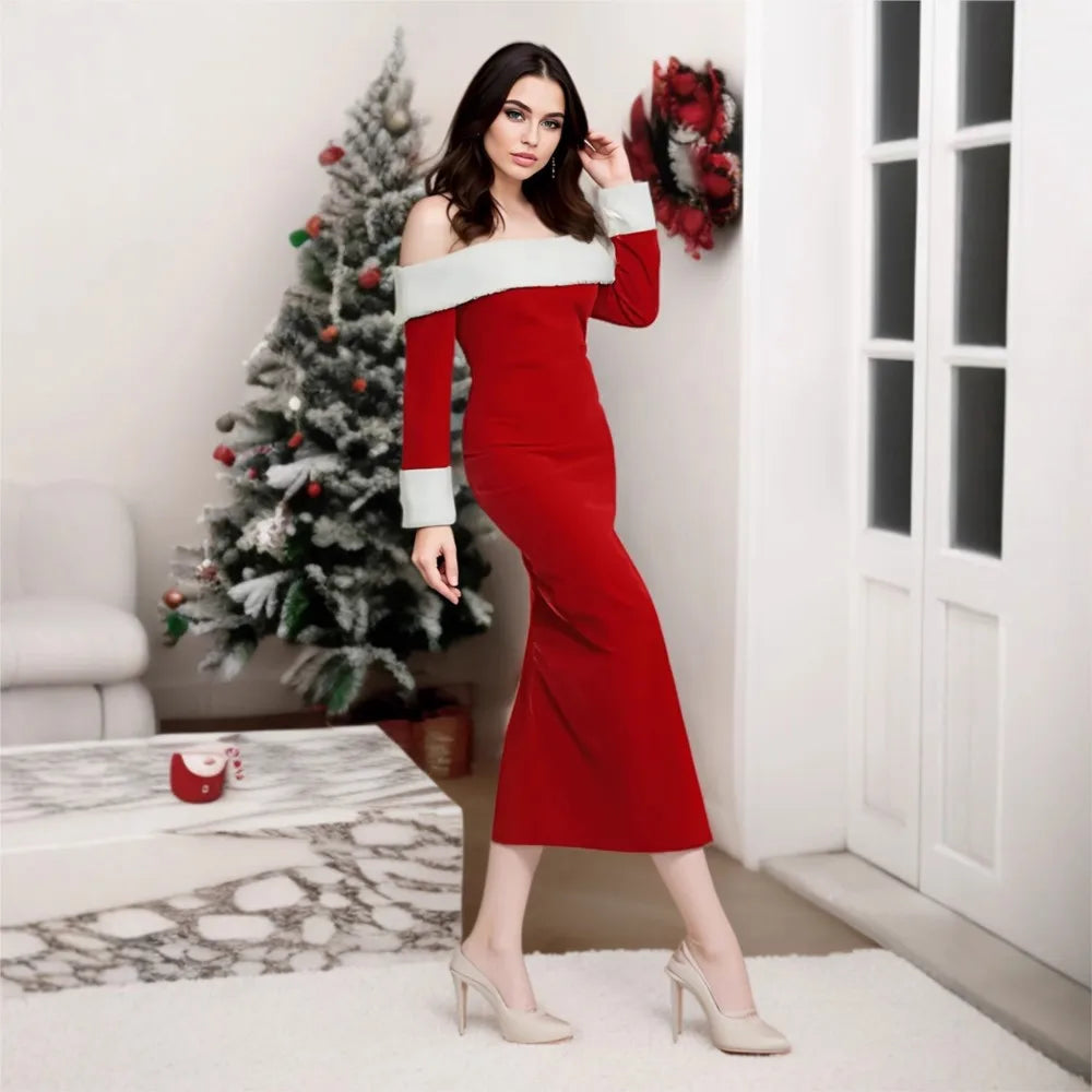 Weihnachtskleid Feiertage Damen | One-Shoulder Plüsch Sewing