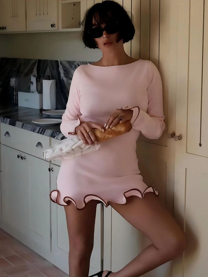 Damen Minikleid Rüschen Patchwork | Rundhalsausschnitt Langärmlig