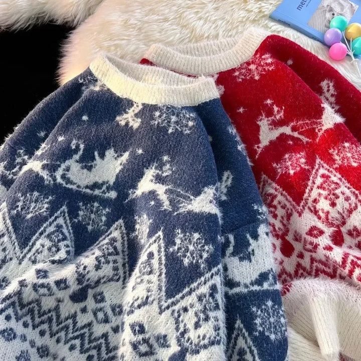 Weihnachtspullover gestrickt Herren Rundhals Wollpullover