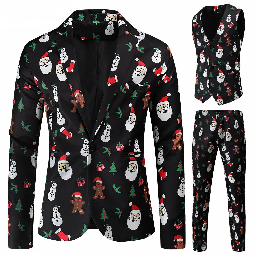 Herren 3-tlg. Weihnachtsanzug | Schneeflocke Blazer Hose Weste