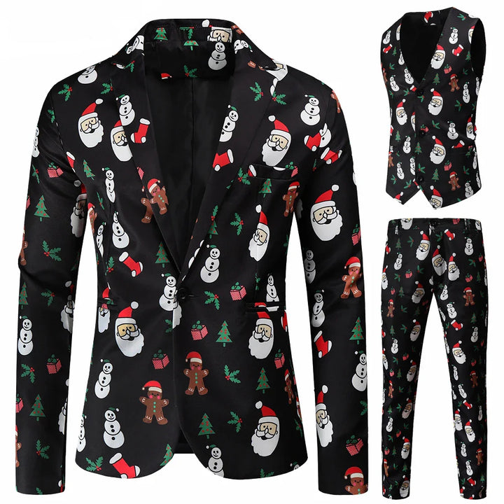 Herren 3-tlg. Weihnachtsanzug | Schneeflocke Blazer Hose Weste