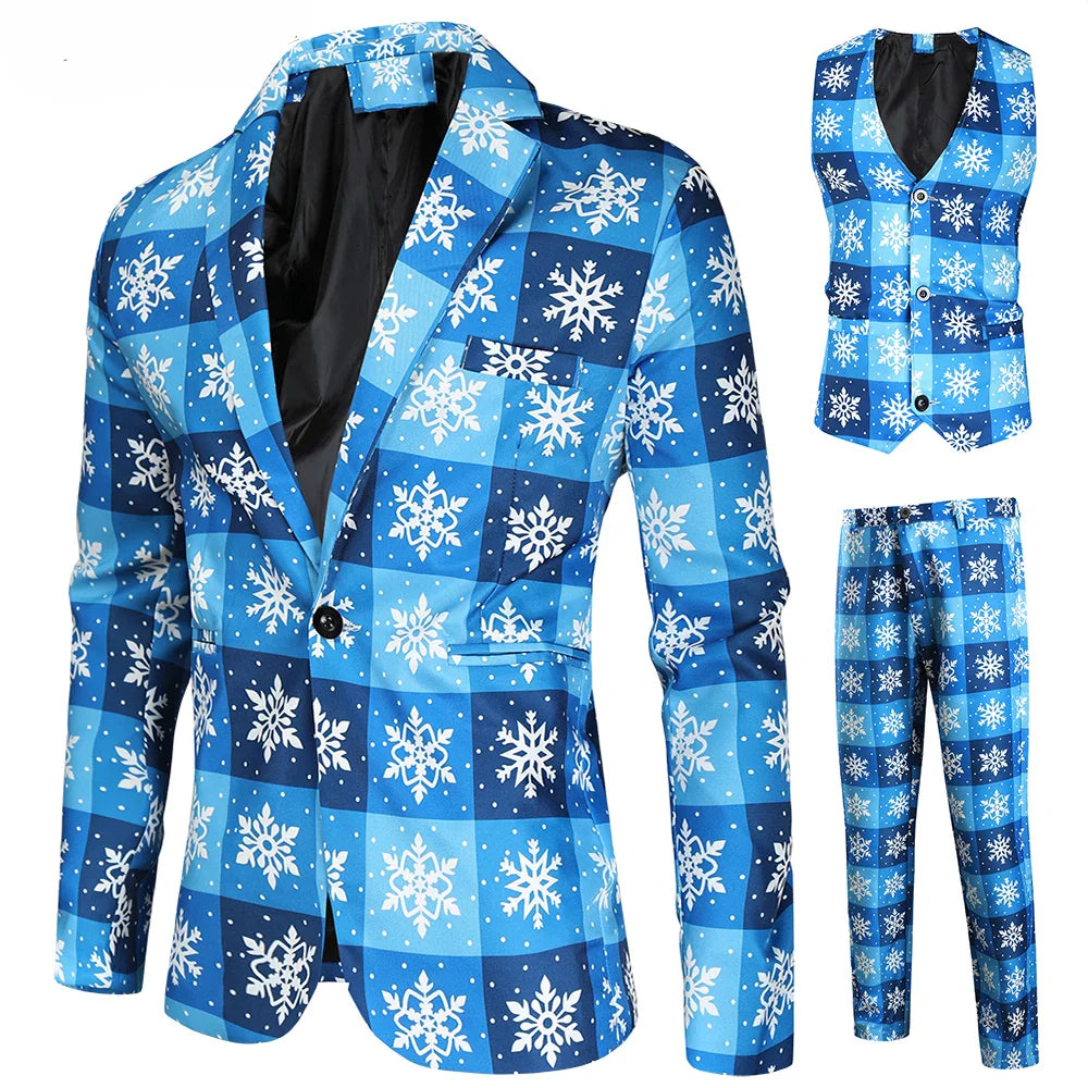 Herren 3-tlg. Weihnachtsanzug | Schneeflocke Blazer Hose Weste