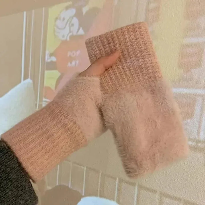 Damen Halbfinger Handschuhe - Weiche Strick Plüsch Luxus Winter Fäustlinge