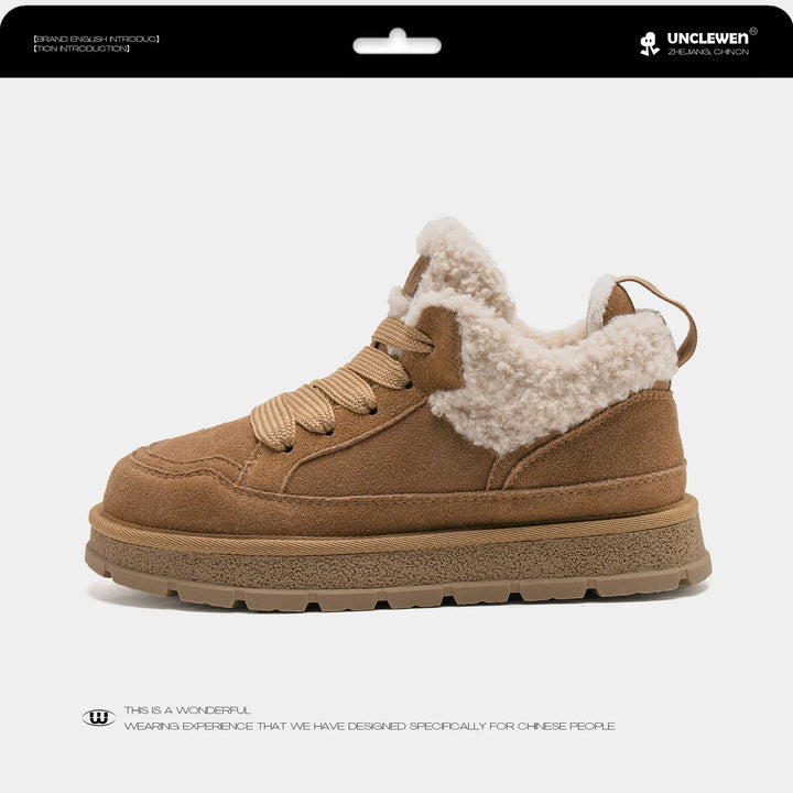 Damen Winterstiefel Leder | Pelz gefüttert dicker Boden Runde Zehe