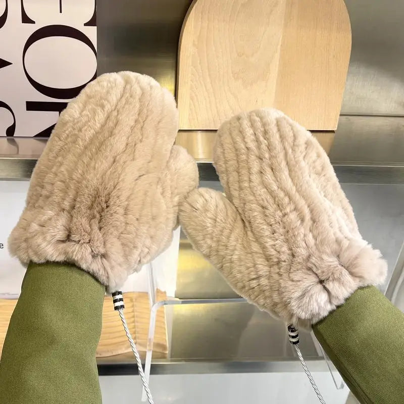 Damen Gestrickte Rex Kaninchen Fell Winterhandschuhe - Warme Weiche Fäustlinge