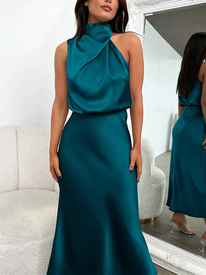 Elegantes Midikleid aus Satin | Asymmetrischer Ausschnitt & Sublimierte Silhouette