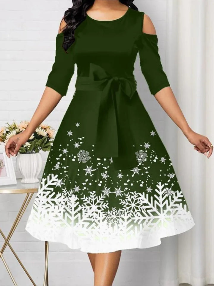 Damen Weihnachtskleid A-Linie | Schneeflocke Print Off-Shoulder Gürtel