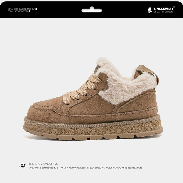 Damen Winterstiefel Leder | Pelz gefüttert dicker Boden Runde Zehe