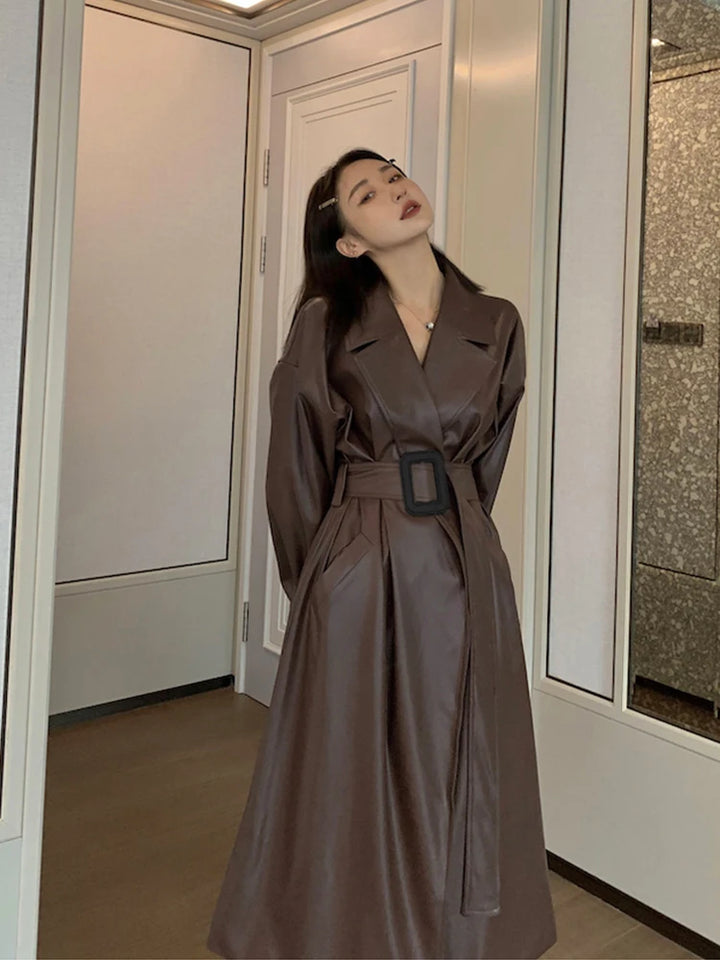 Damen Leder-Gabardina in Schwarz | Langer Oversize-Mantel mit Revers für Herbst