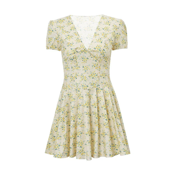 Romy Sommerkleid für Damen | Kurzes Blumenkleid mit Puffärmeln & Rückenausschnitt mit Schleife
