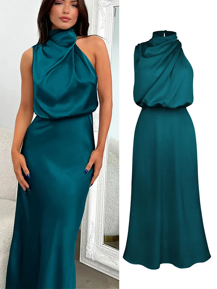 Elegantes Midikleid aus Satin | Asymmetrischer Ausschnitt & Sublimierte Silhouette