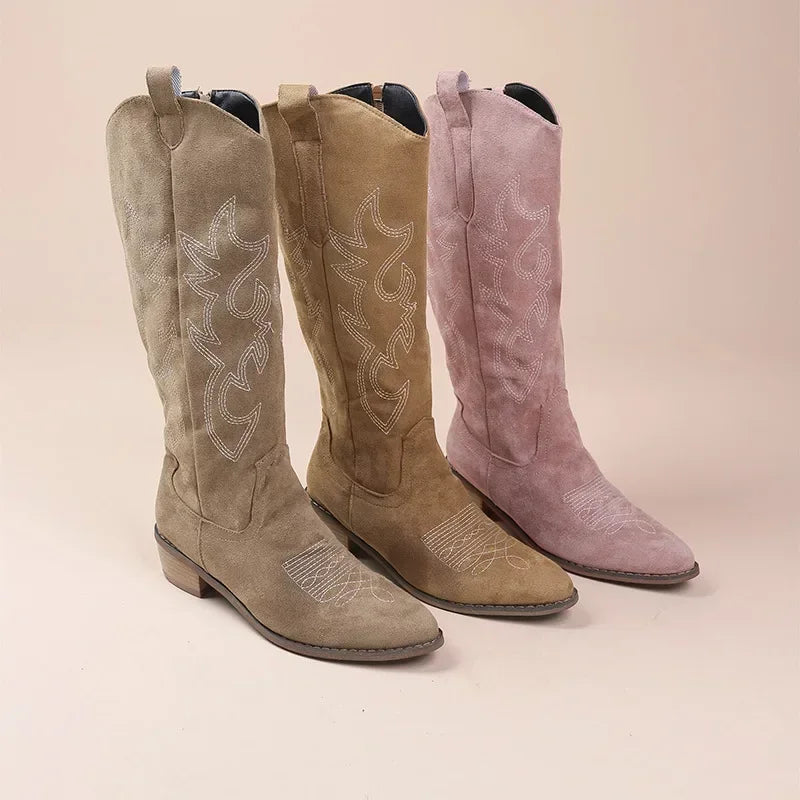 Botas vaqueras occidentales para mujer | Botas largas de piel sintética bordadas con tacón cuadrado y punta estrecha 