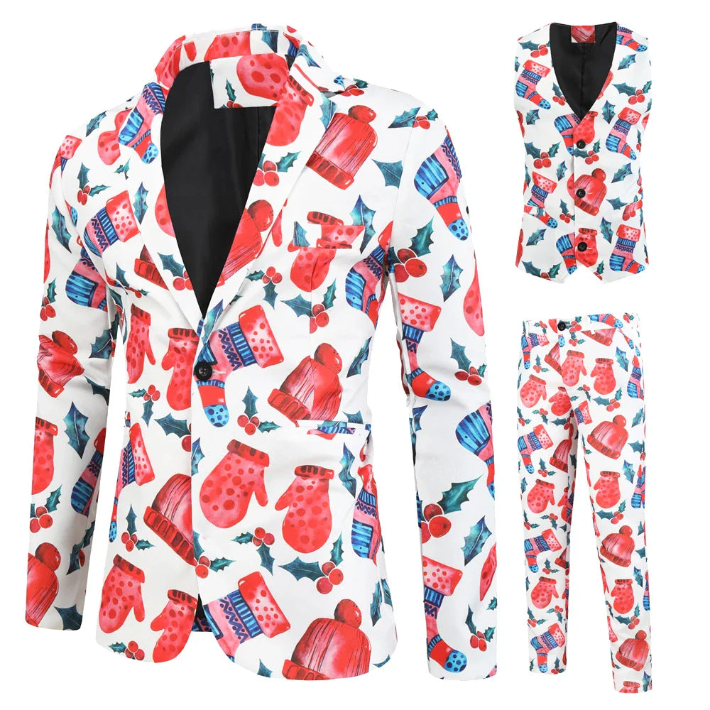 Herren 3-tlg. Weihnachtsanzug | Schneeflocke Blazer Hose Weste