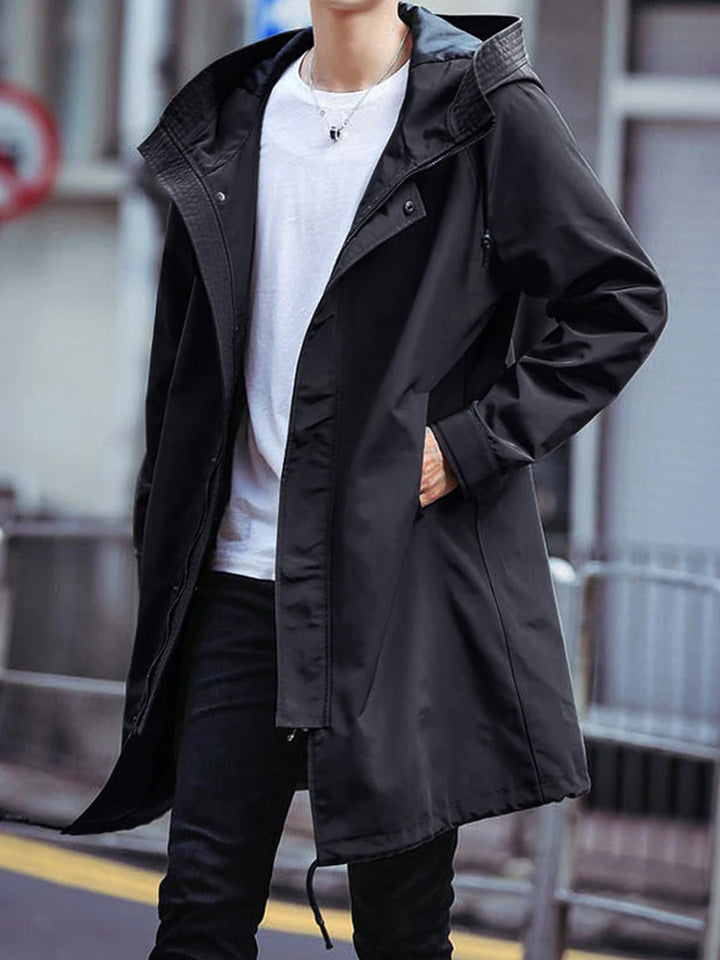 Herren Trenchcoat in Schwarz | Langer Windbreaker mit Kapuze für Frühling & Herbst