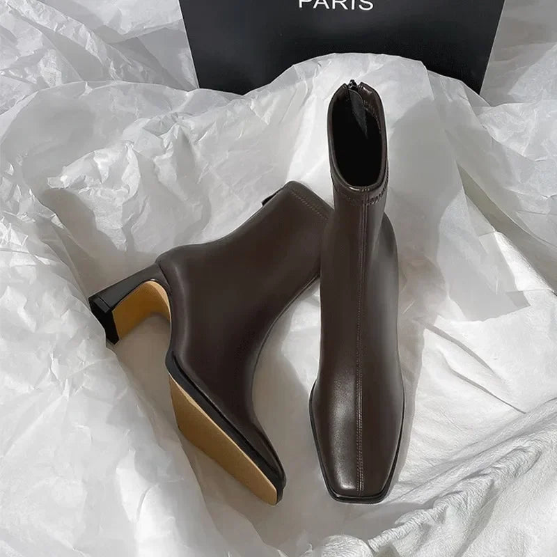 Damenstiefel Vintage | Quadratische Zehe Dicke Ferse Warm Winter