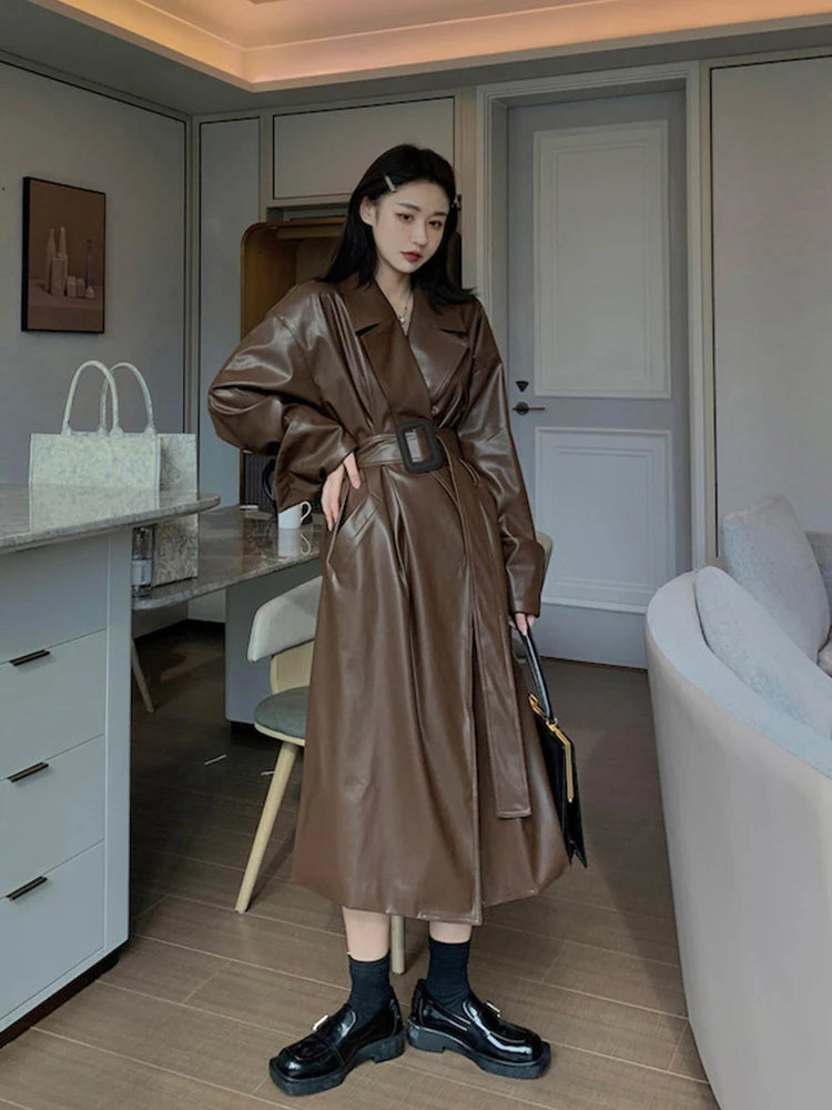 Damen Leder-Gabardina in Schwarz | Langer Oversize-Mantel mit Revers für Herbst