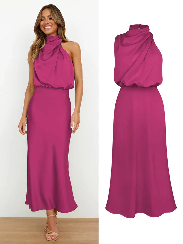 Elegantes Midikleid aus Satin | Asymmetrischer Ausschnitt & Sublimierte Silhouette