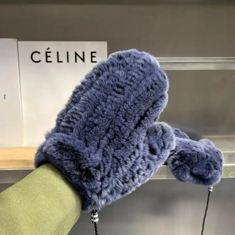 Damen Gestrickte Rex Kaninchen Fell Winterhandschuhe - Warme Weiche Fäustlinge
