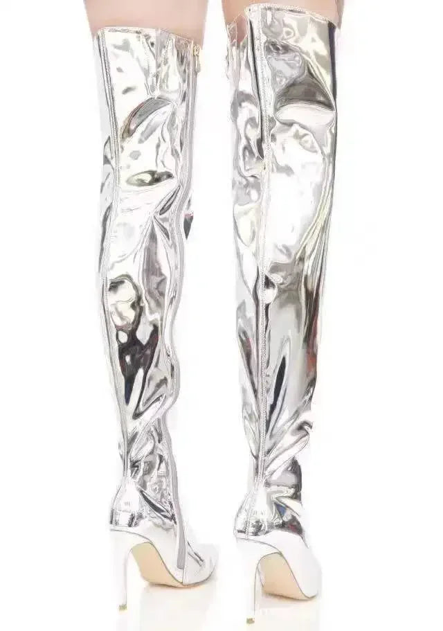 Damen Over-the-Knee-Stiefel Silber | Spiegel Plattform spitze Zehe dünne Ferse
