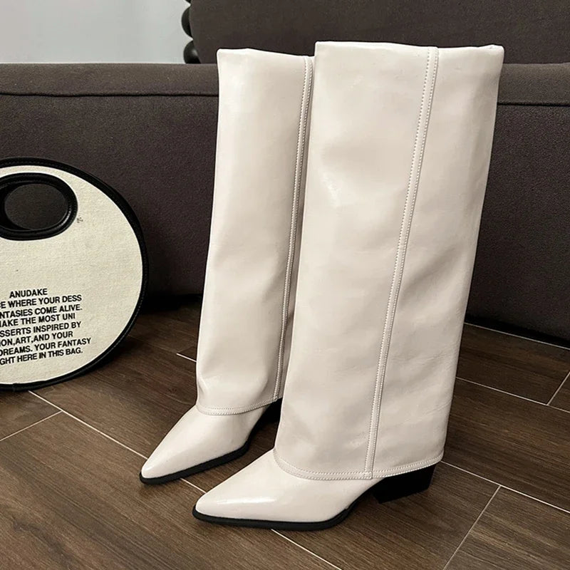 Hohe Chunky Lederstiefel für Damen | Kniehohe Chelsea Boots mit Blockabsatz und trendigem Design