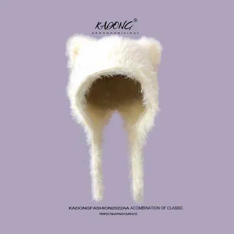 Damen Plüsch Katzenohr Mütze - Süße Koreanische Pullover Beanie mit Ohrschutz