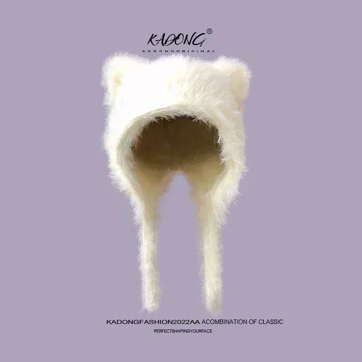 Damen Plüsch Katzenohr Mütze - Süße Koreanische Pullover Beanie mit Ohrschutz