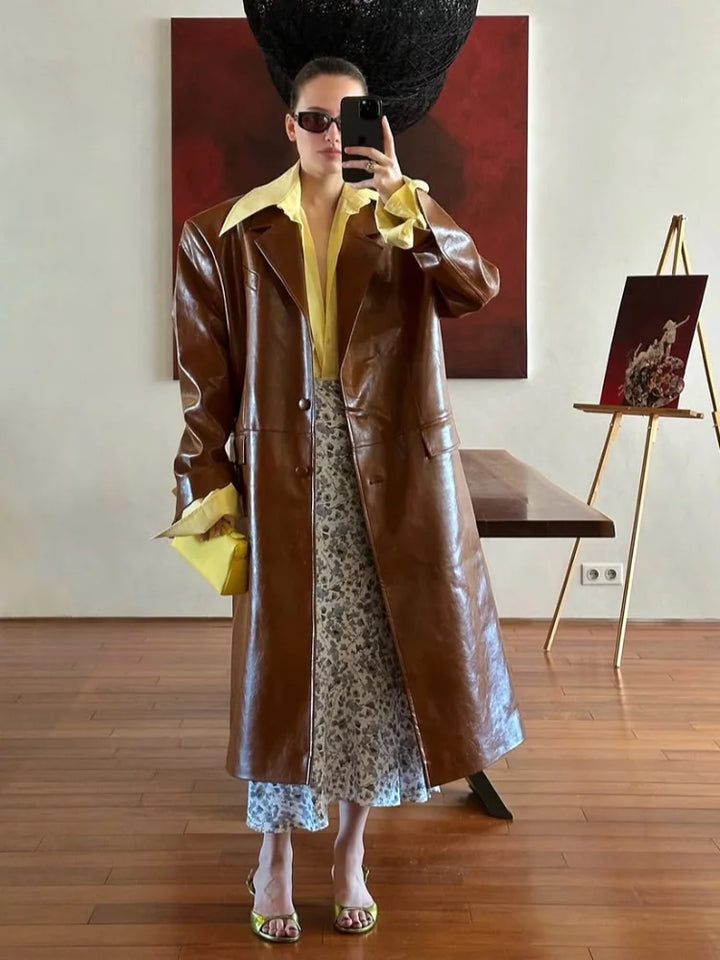 Damen Mantel in Braun | Eleganter PU-Leder Trenchcoat mit Einreiher für Herbst