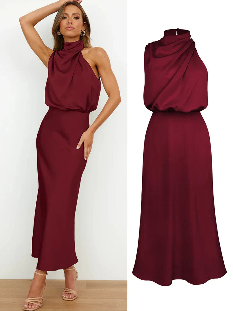 Elegantes Midikleid aus Satin | Asymmetrischer Ausschnitt & Sublimierte Silhouette
