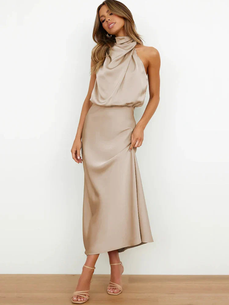 Elegantes Midikleid aus Satin | Asymmetrischer Ausschnitt & Sublimierte Silhouette