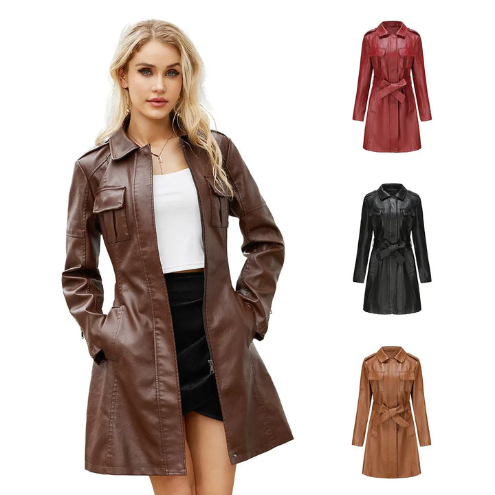 Damen Kunstledermantel | Mittellanger Trenchcoat mit Bindegürtel & Umlegekragen