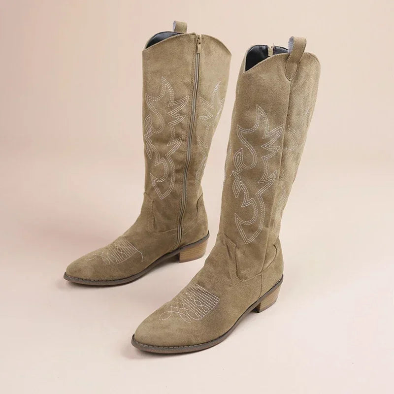 Botas vaqueras occidentales para mujer | Botas largas de piel sintética bordadas con tacón cuadrado y punta estrecha 