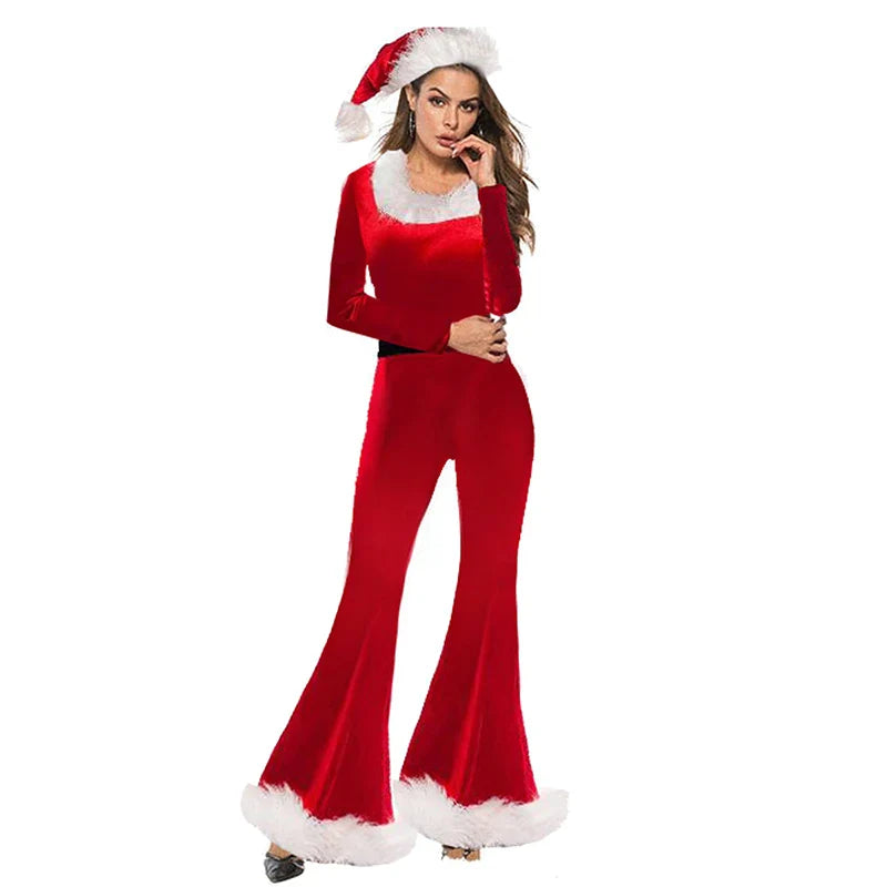 Weihnachten Jumpsuit Damen Langarm | Flared Hose Hut Set