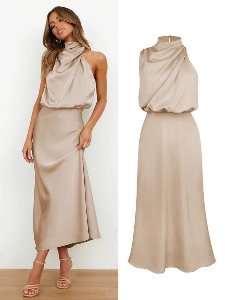 Elegantes Midikleid aus Satin | Asymmetrischer Ausschnitt & Sublimierte Silhouette