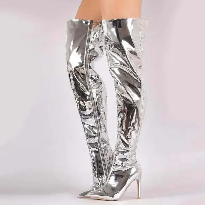Damen Over-the-Knee-Stiefel Silber | Spiegel Plattform spitze Zehe dünne Ferse