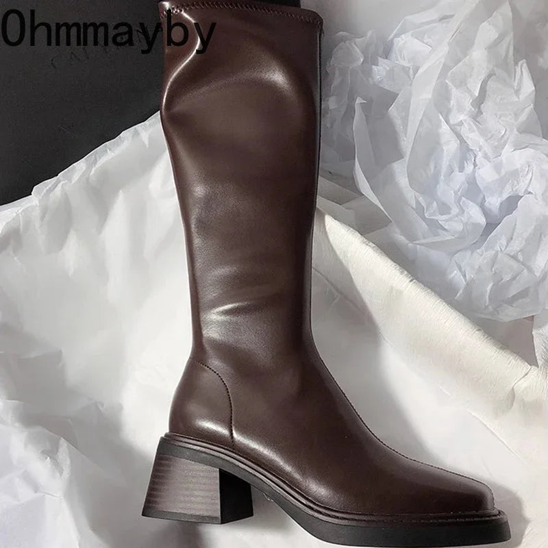 Botas vintage hasta la rodilla para mujer | Botas de moda con tacón grueso y cremallera lateral otoño invierno