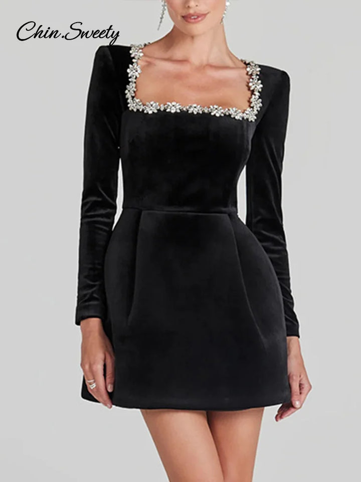 Weihnachtskleid Holidays Ladies | Velvet Square Collar A-Line