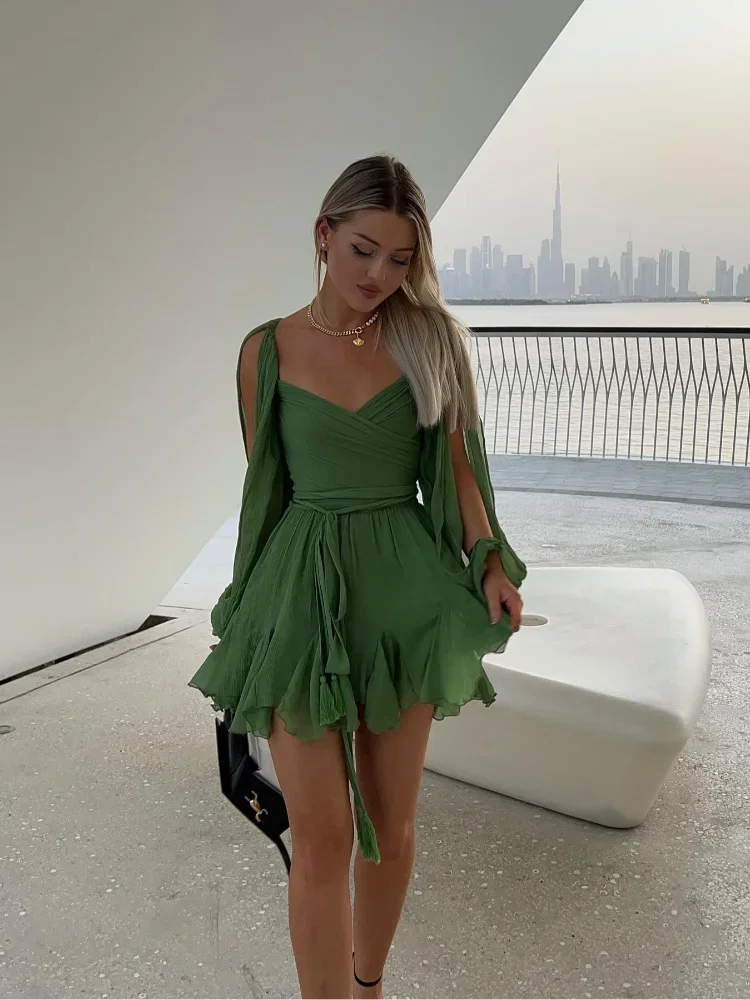 Elena | Bohemian Short Dress aus Chiffon mit hoher Taille und fließenden Ärmeln