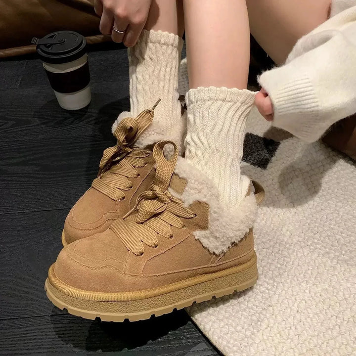 Damen Winterstiefel Leder | Pelz gefüttert dicker Boden Runde Zehe