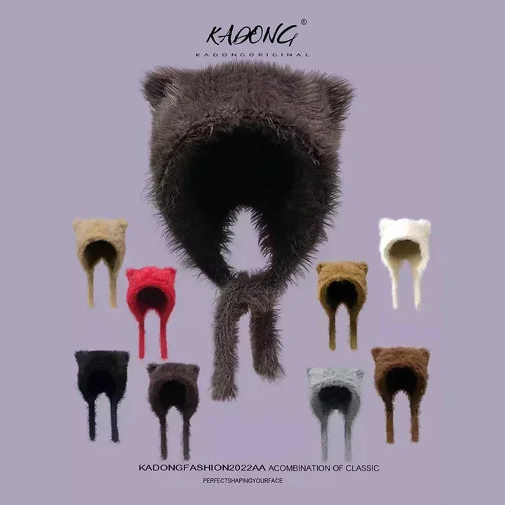 Damen Plüsch Katzenohr Mütze - Süße Koreanische Pullover Beanie mit Ohrschutz