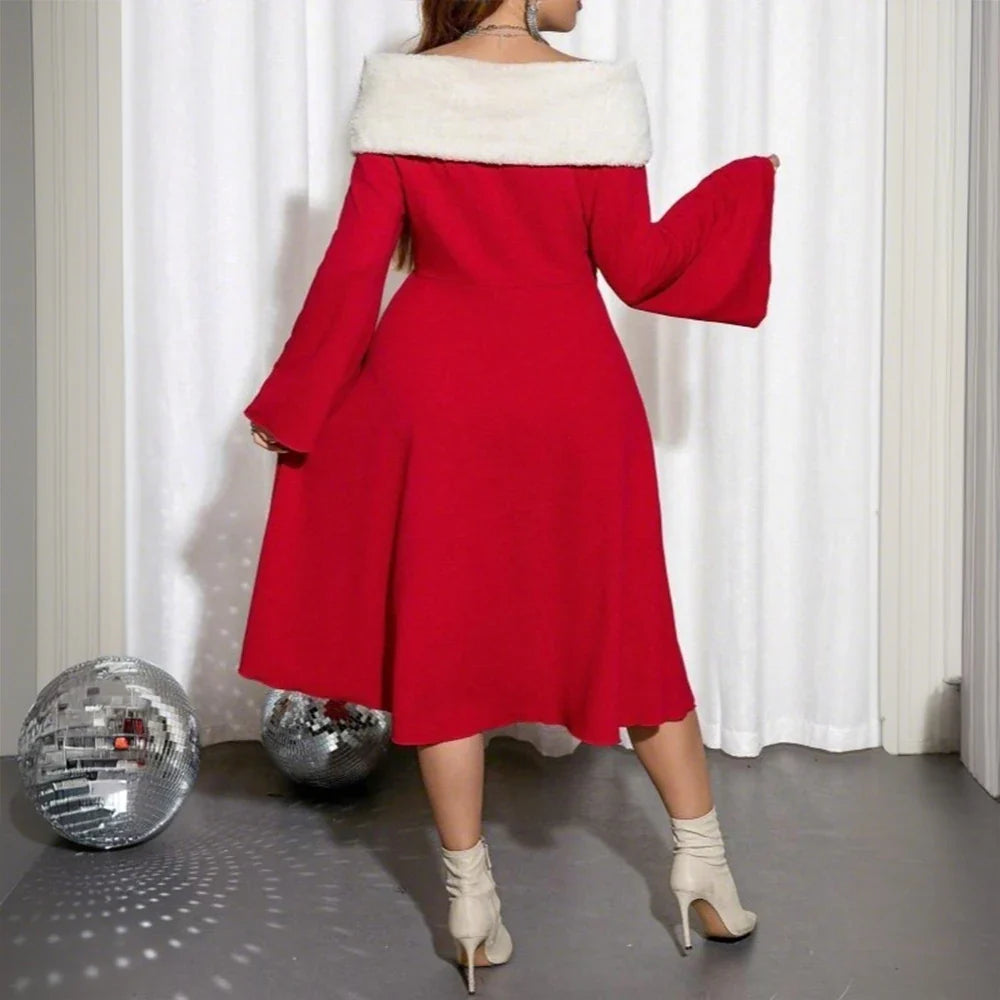 Weihnachtskleid Damen Plus Größe Rot | Langarm Winter Party