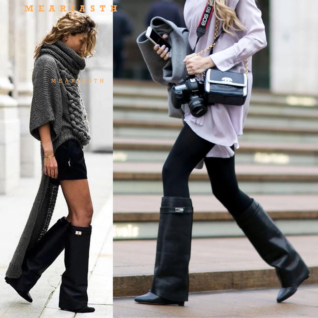 Designer Kniestiefel für Damen | Herbst Winter High Heel Stiefel im Gothic- und Faltenstil