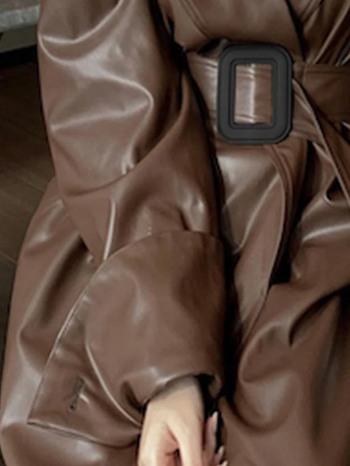 Damen Leder-Gabardina in Schwarz | Langer Oversize-Mantel mit Revers für Herbst
