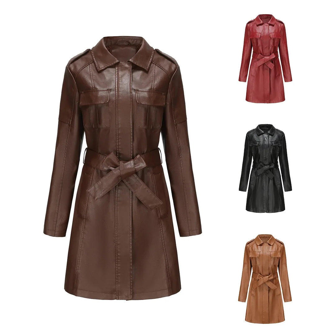 Damen Kunstledermantel | Mittellanger Trenchcoat mit Bindegürtel & Umlegekragen