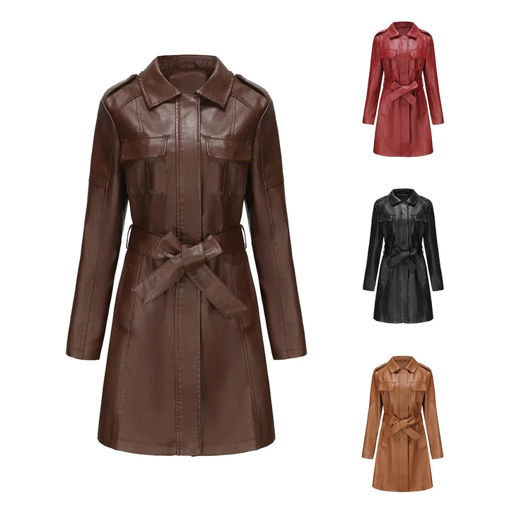 Damen Kunstledermantel | Mittellanger Trenchcoat mit Bindegürtel & Umlegekragen